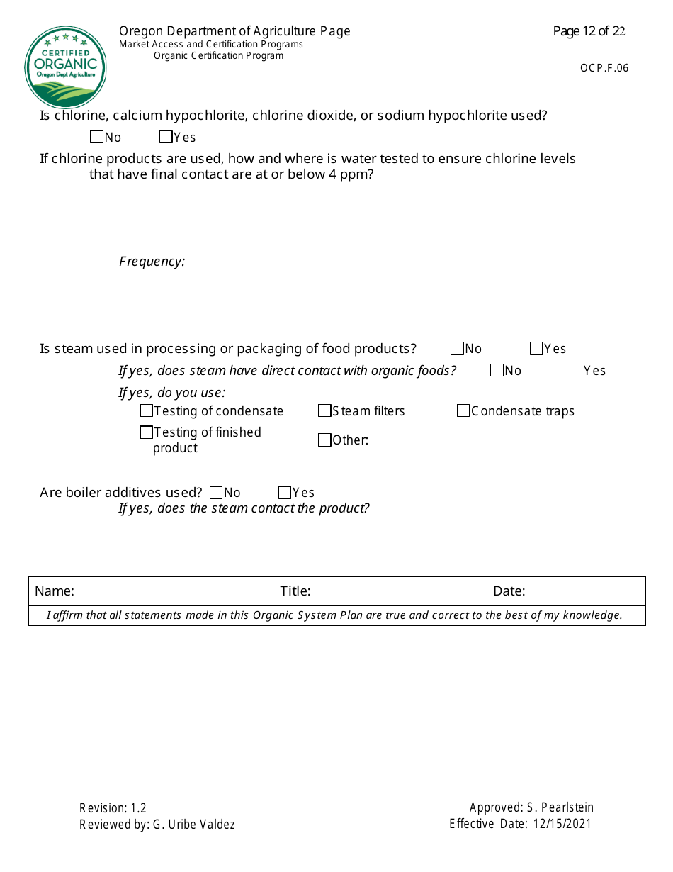 Form OCP.F.60 Handler Organic System Plan - Oregon, Page 12