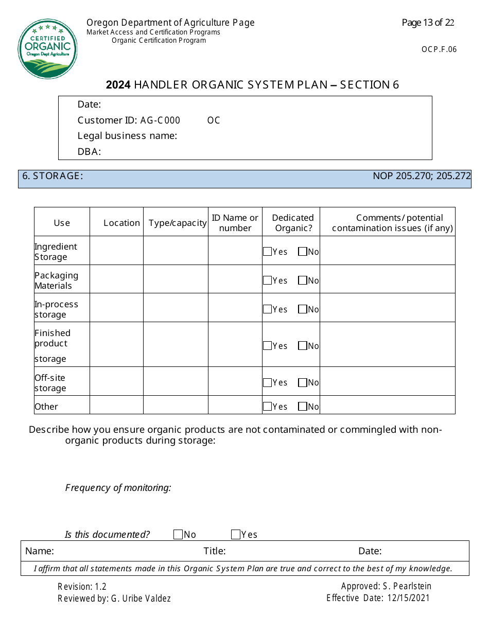 Form OCP.F.60 Handler Organic System Plan - Oregon, Page 13