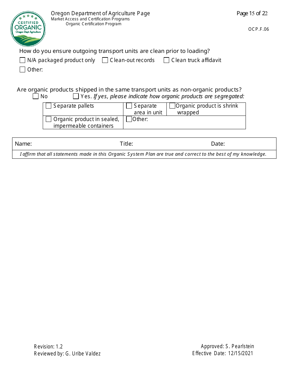 Form OCP.F.60 Handler Organic System Plan - Oregon, Page 15