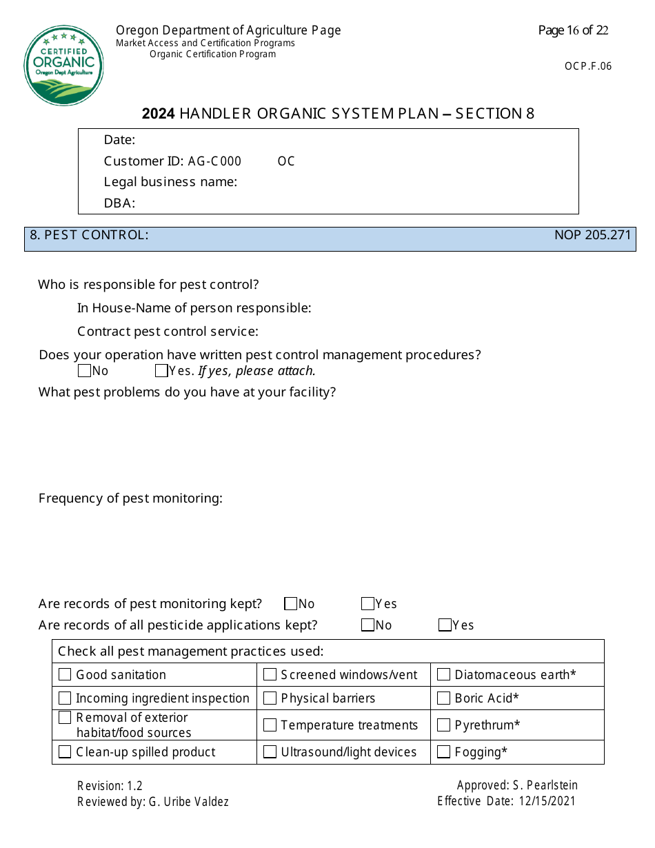 Form OCP.F.60 Handler Organic System Plan - Oregon, Page 16