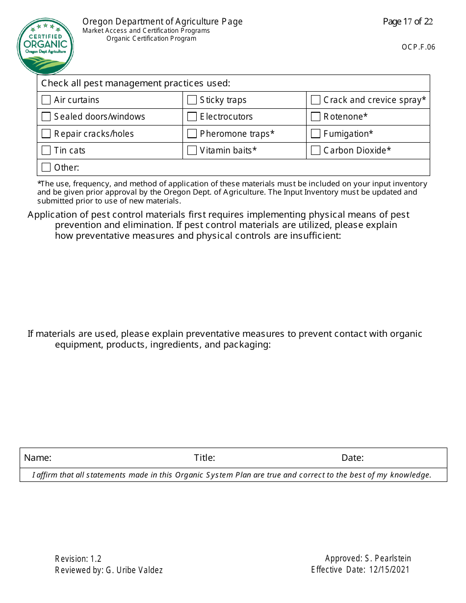 Form OCP.F.60 Handler Organic System Plan - Oregon, Page 17