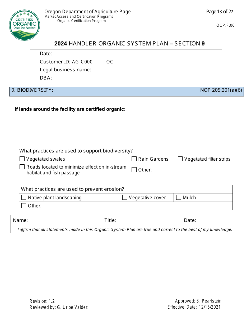 Form OCP.F.60 Handler Organic System Plan - Oregon, Page 18