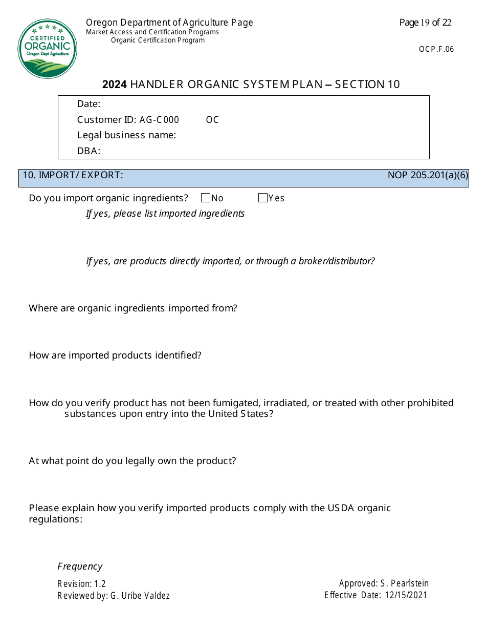 Form OCP.F.60 Handler Organic System Plan - Oregon, Page 19