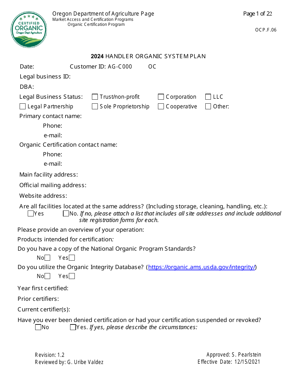 Form OCP.F.60 Handler Organic System Plan - Oregon, Page 1