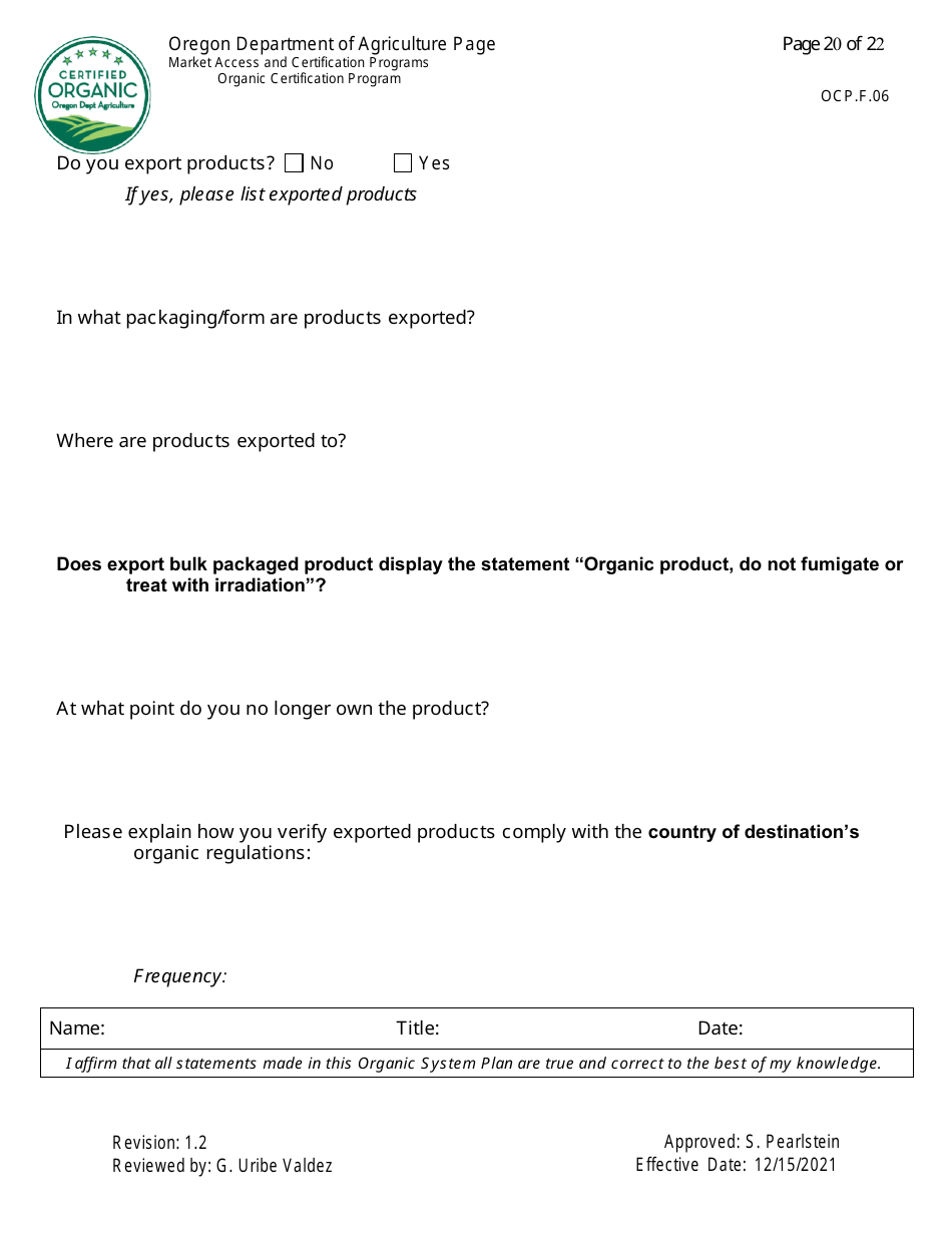 Form OCP.F.60 Handler Organic System Plan - Oregon, Page 20