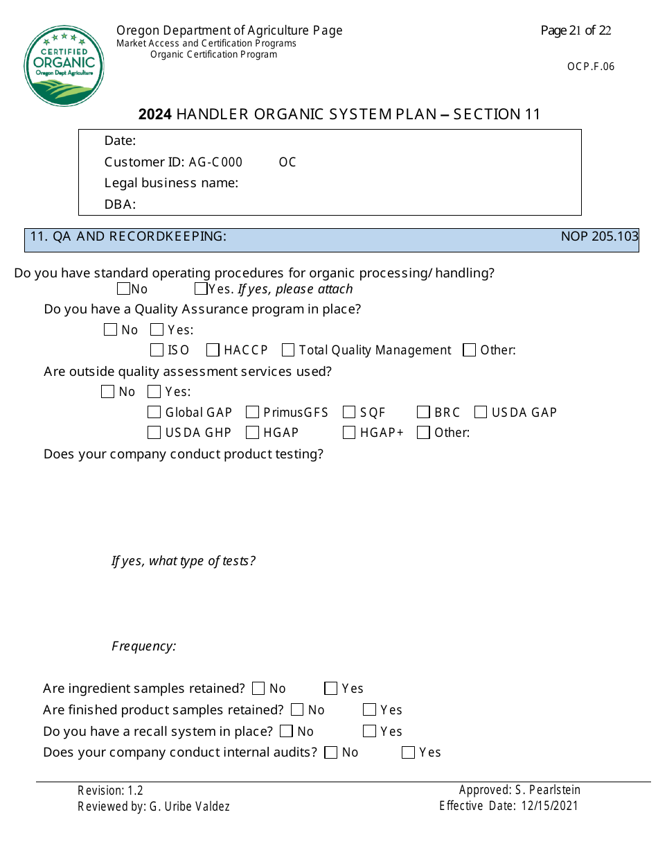 Form OCP.F.60 Handler Organic System Plan - Oregon, Page 21
