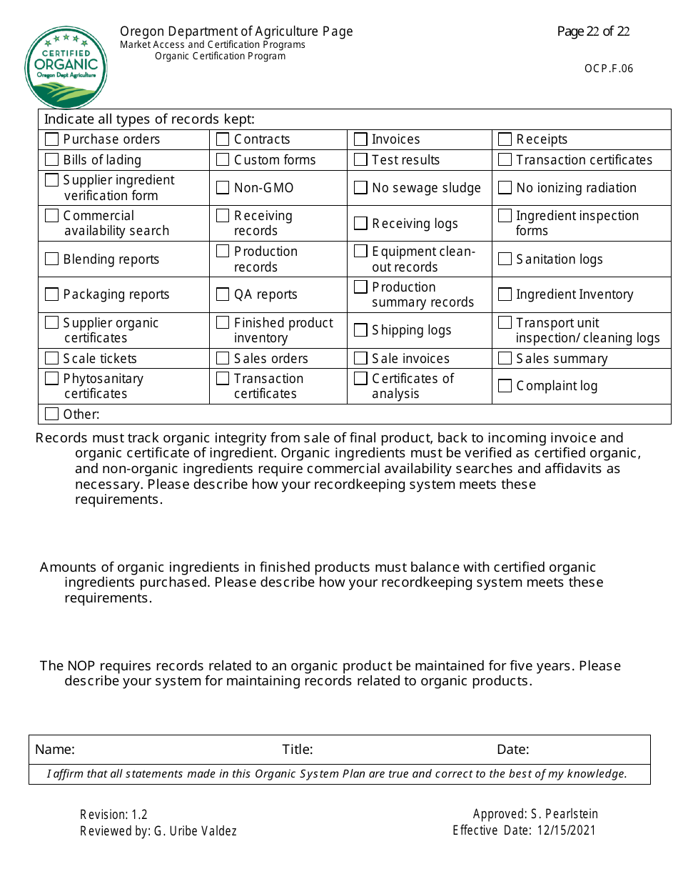 Form OCP.F.60 Handler Organic System Plan - Oregon, Page 22