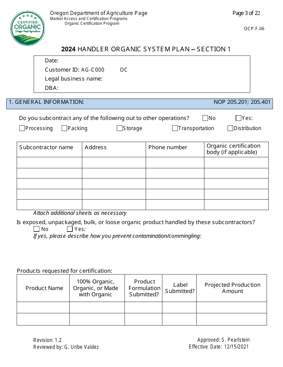 Form OCP.F.60 Handler Organic System Plan - Oregon, Page 3