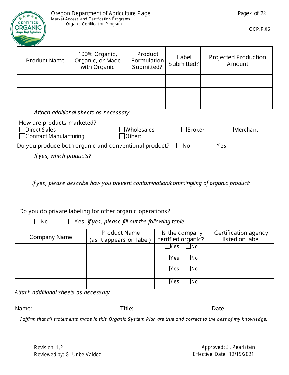 Form OCP.F.60 Handler Organic System Plan - Oregon, Page 4