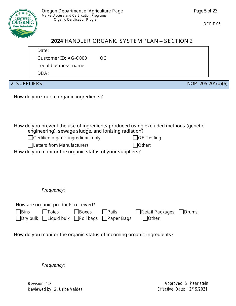 Form OCP.F.60 Handler Organic System Plan - Oregon, Page 5