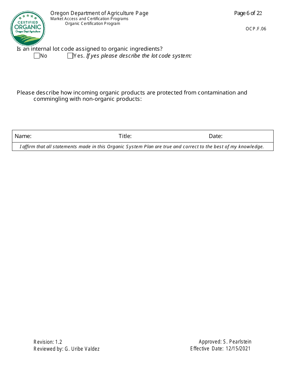 Form OCP.F.60 Handler Organic System Plan - Oregon, Page 6
