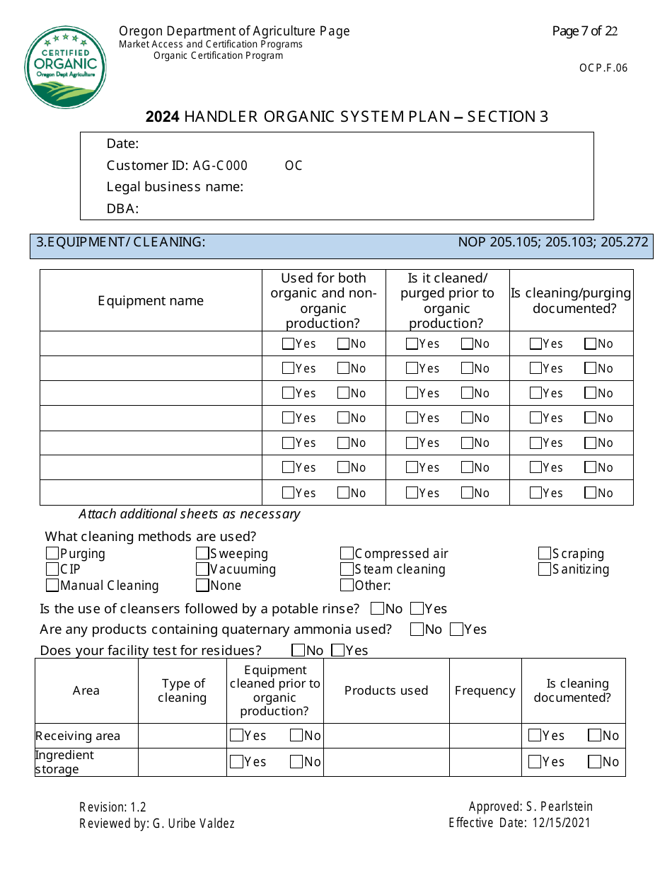 Form OCP.F.60 Handler Organic System Plan - Oregon, Page 7