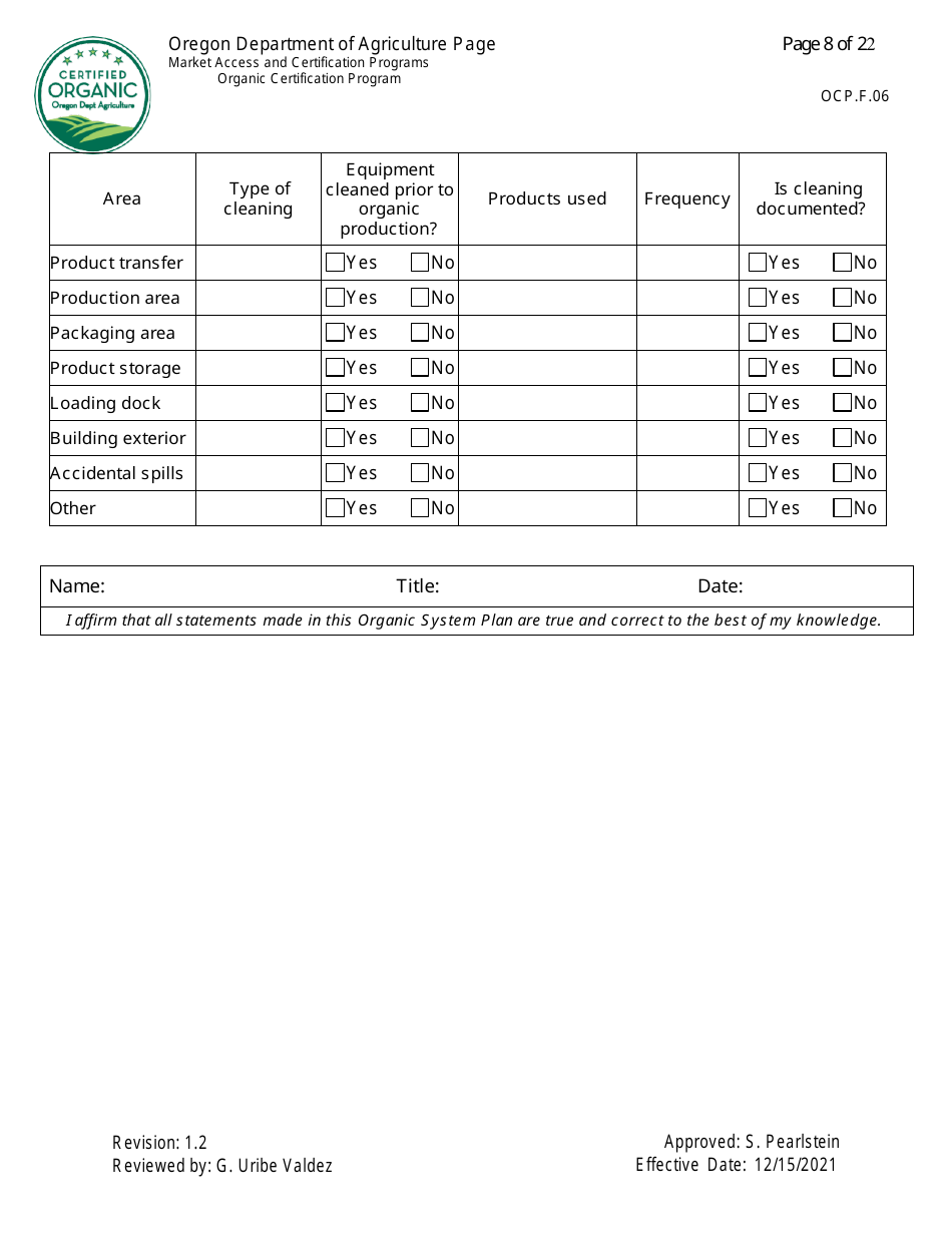 Form OCP.F.60 Handler Organic System Plan - Oregon, Page 8