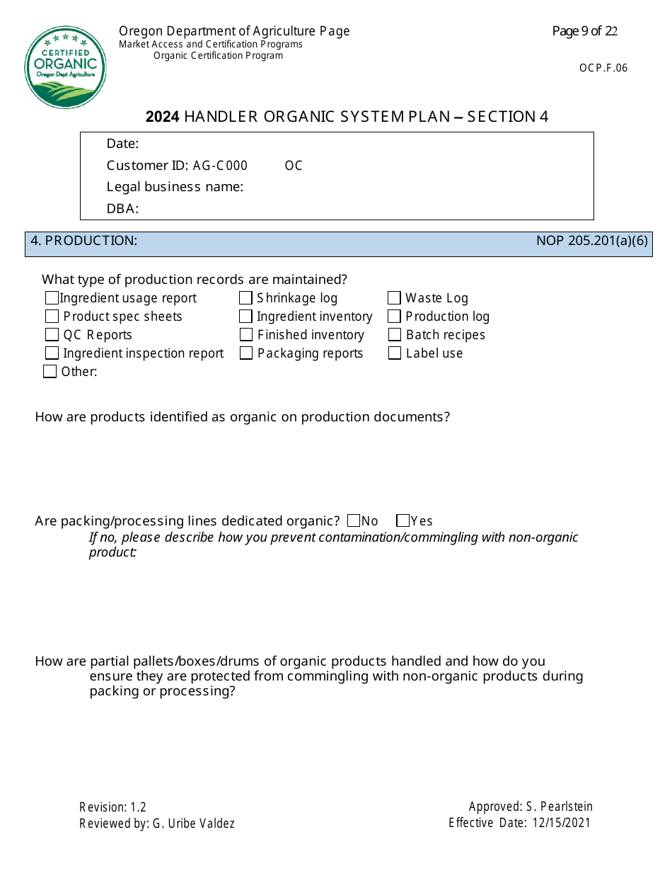Form OCP.F.60 Handler Organic System Plan - Oregon, Page 9