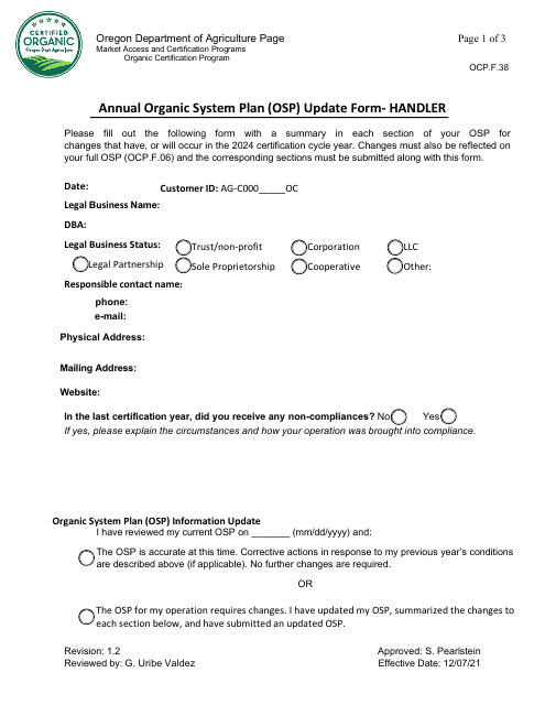 Form OCP.F.38 Annual Organic System Plan (Osp) Update Form - Handler - Oregon, 2024