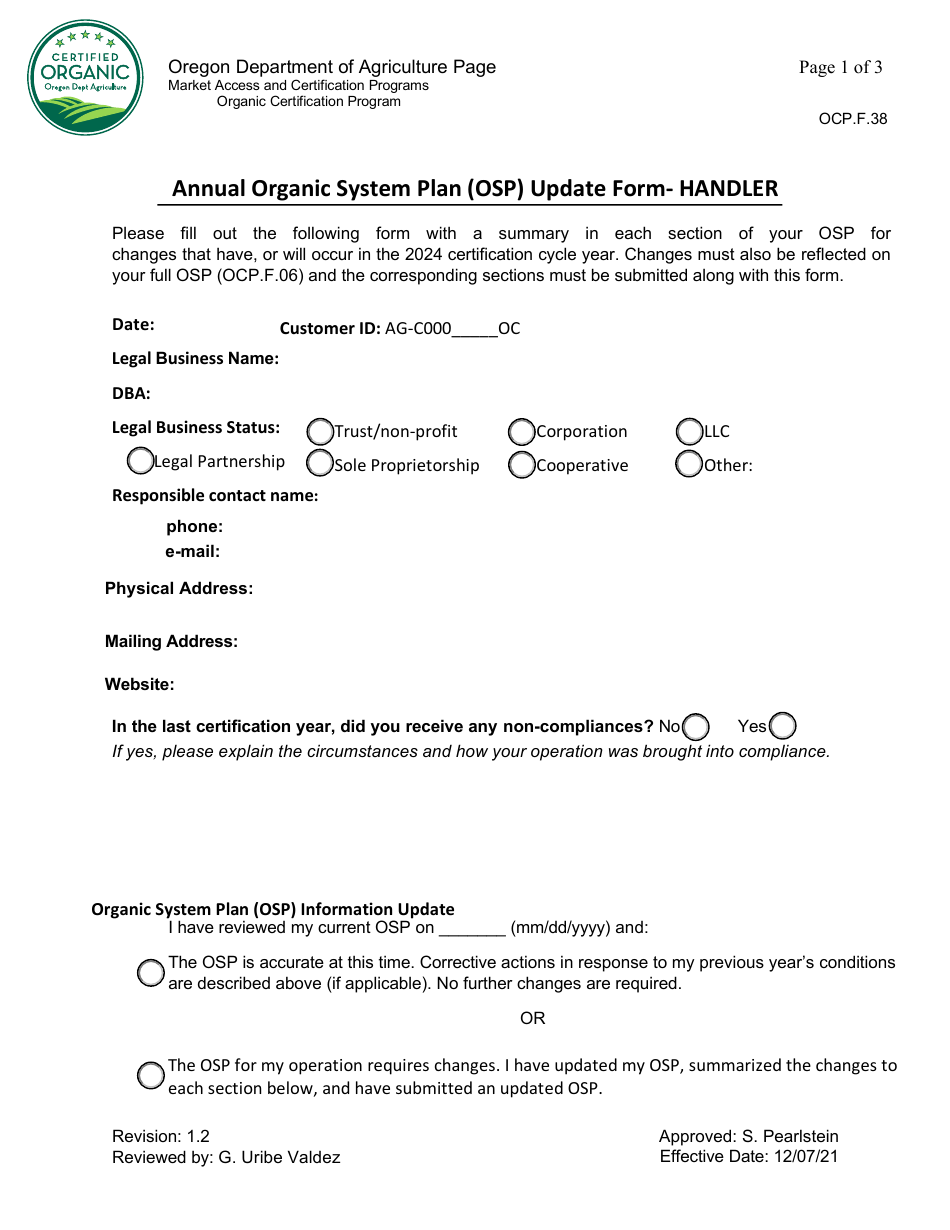 Form OCP.F.38 Annual Organic System Plan (Osp) Update Form - Handler - Oregon, Page 1