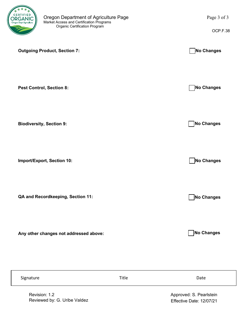 Form OCP.F.38 Annual Organic System Plan (Osp) Update Form - Handler - Oregon, Page 3