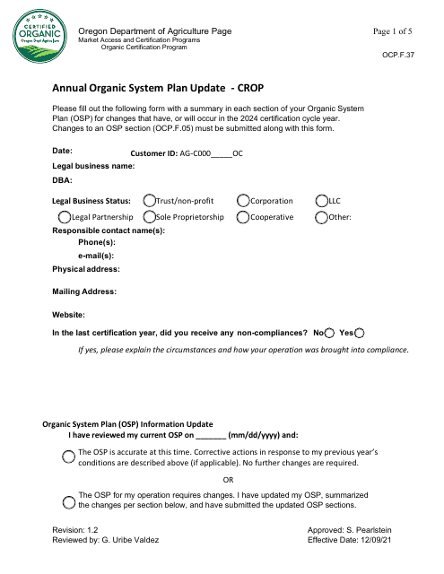 Form OCP.F.37 Annual Organic System Plan Update - Crop - Oregon, 2024