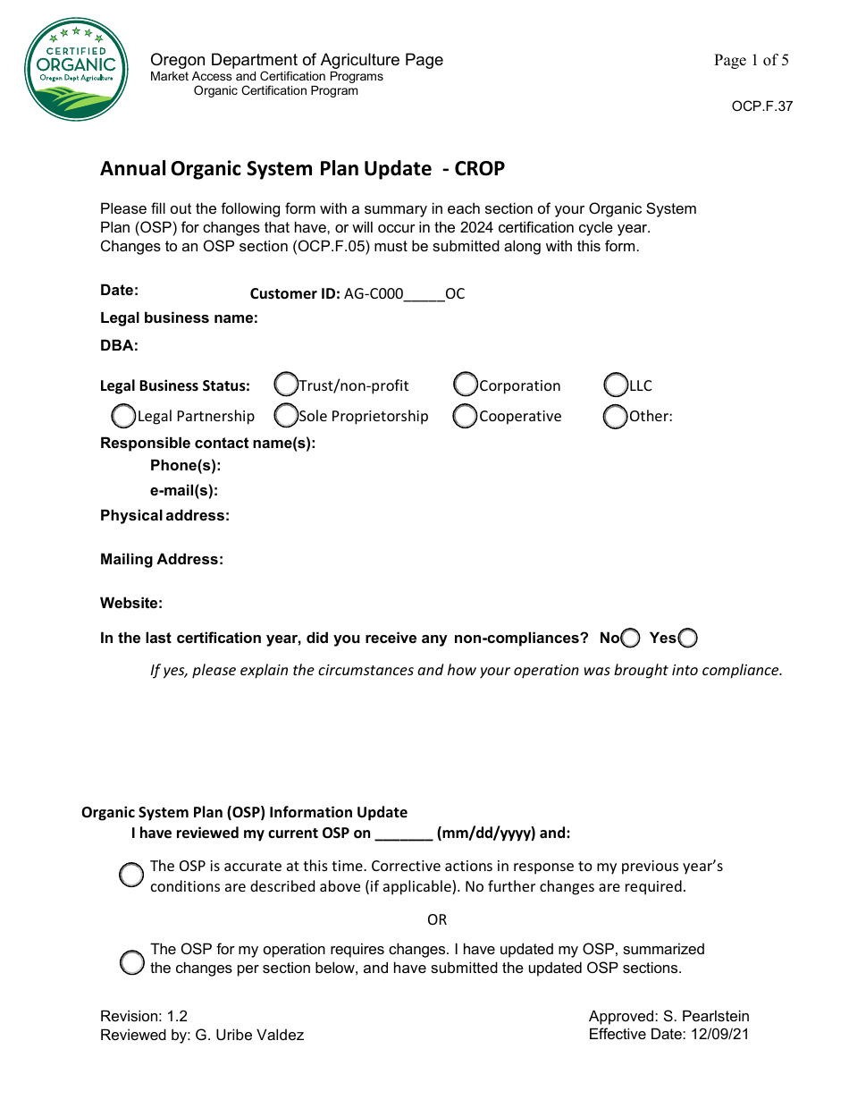 Form OCP.F.37 Annual Organic System Plan Update - Crop - Oregon, Page 1