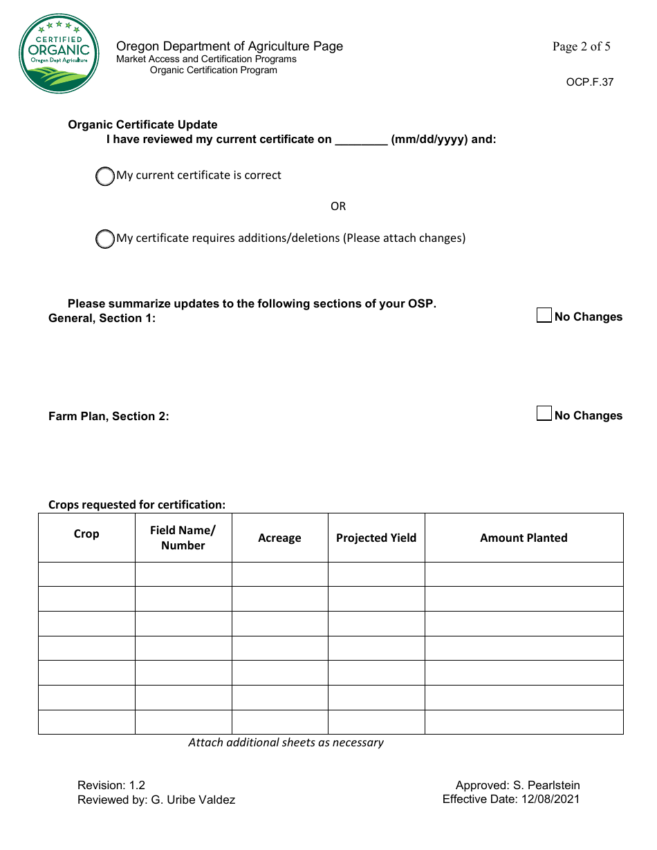 Form OCP.F.37 Annual Organic System Plan Update - Crop - Oregon, Page 2
