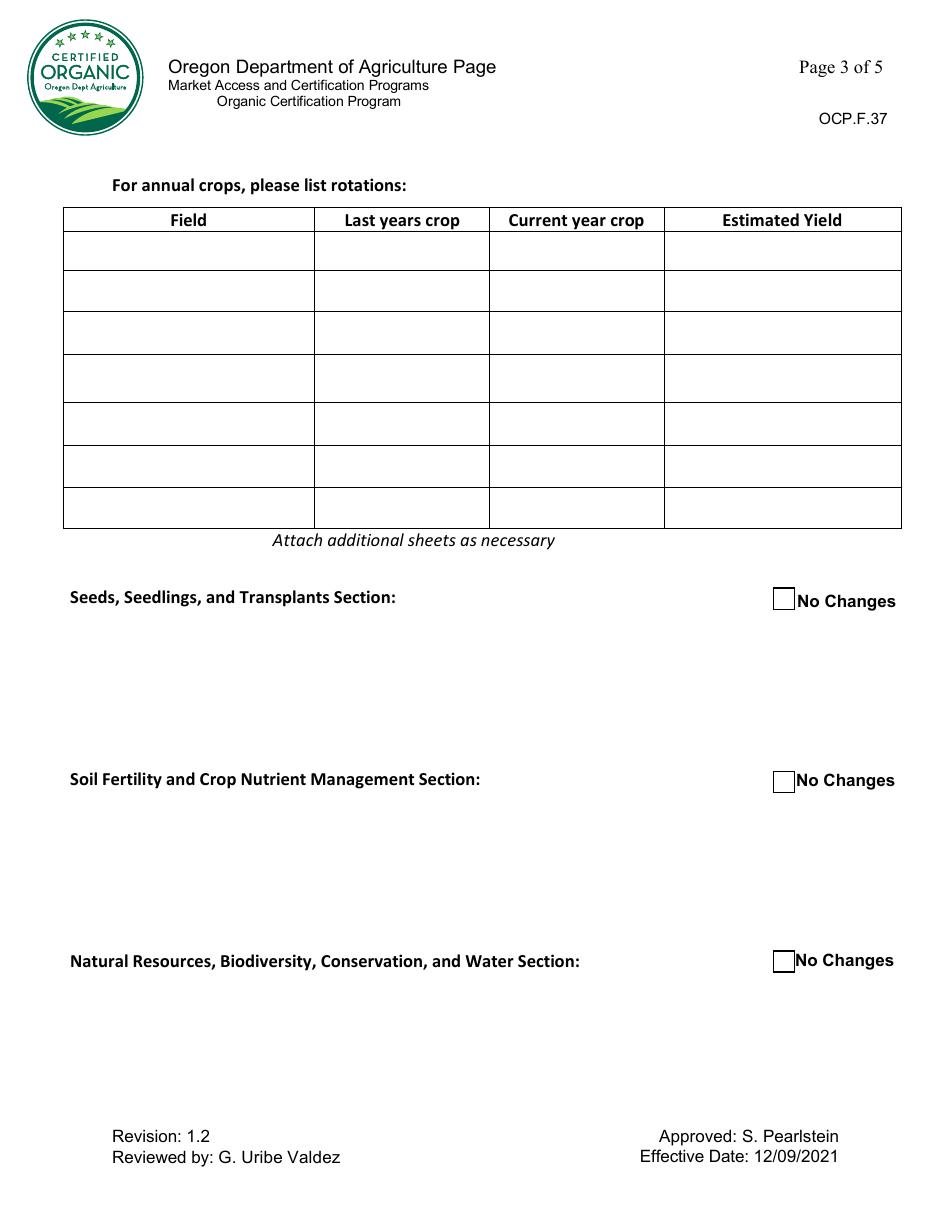 Form OCP.F.37 Annual Organic System Plan Update - Crop - Oregon, Page 3