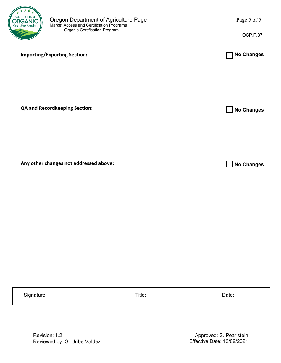 Form OCP.F.37 Annual Organic System Plan Update - Crop - Oregon, Page 5