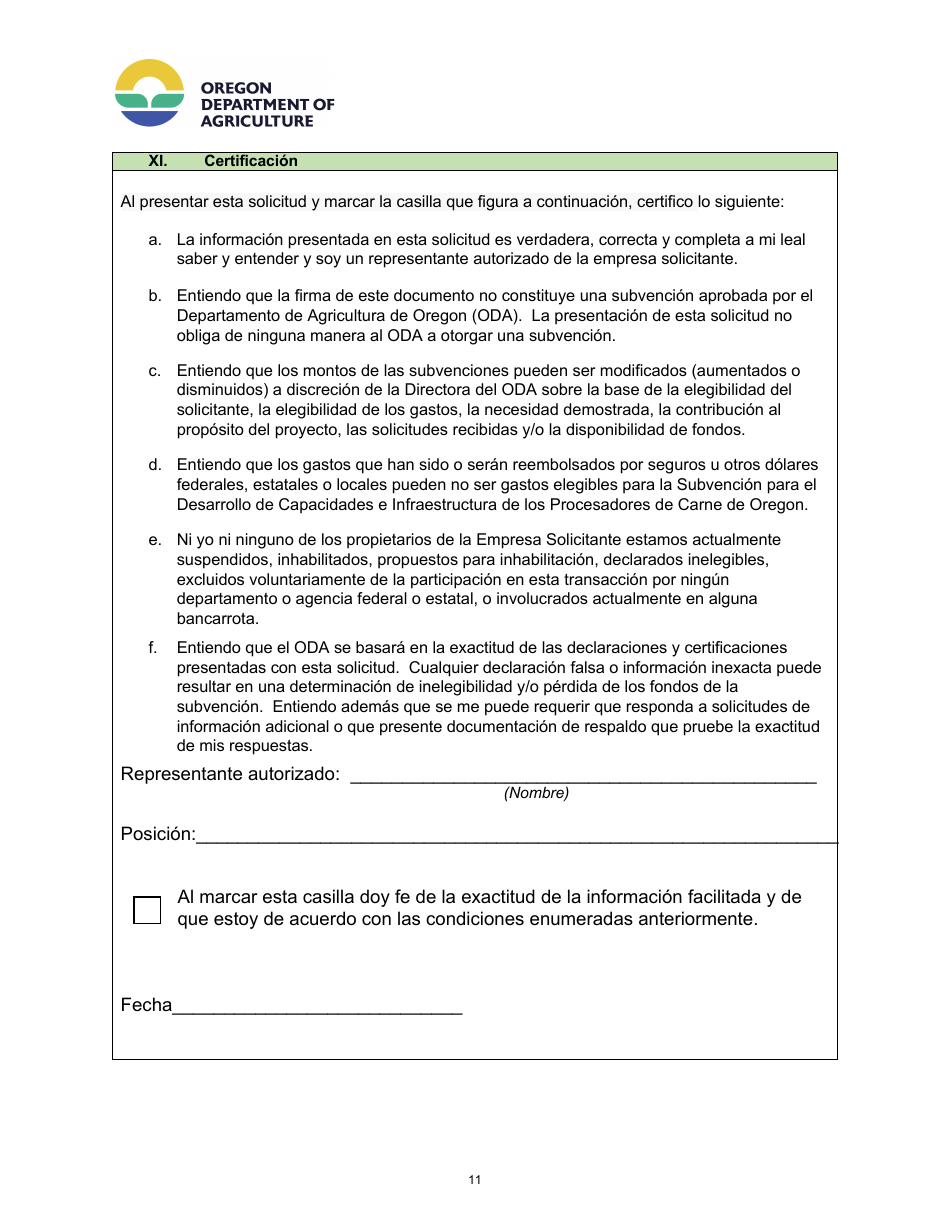Formulario De Solicitud - Programa De Subvenciones Para El Desarrollo De Infraestructuras Y Capacidades De Procesadode Carne De Oregon - Oregon (Spanish), Page 11