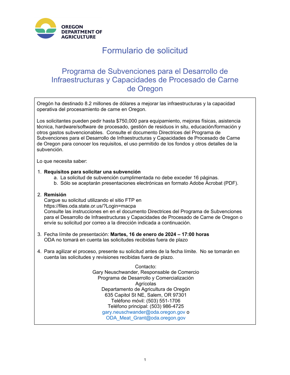 Formulario De Solicitud - Programa De Subvenciones Para El Desarrollo De Infraestructuras Y Capacidades De Procesadode Carne De Oregon - Oregon (Spanish), Page 1