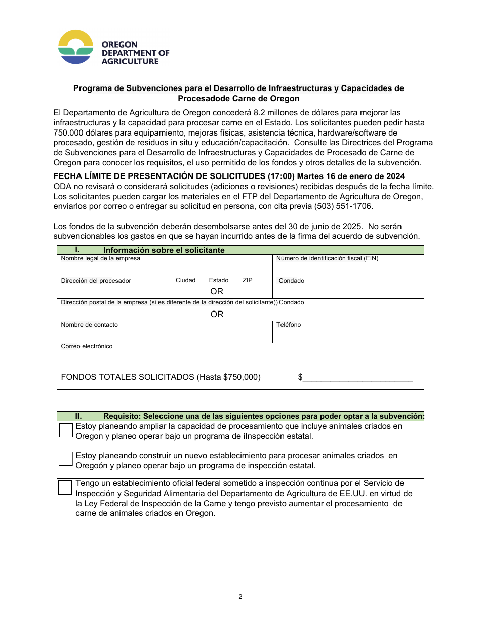 Formulario De Solicitud - Programa De Subvenciones Para El Desarrollo De Infraestructuras Y Capacidades De Procesadode Carne De Oregon - Oregon (Spanish), Page 2