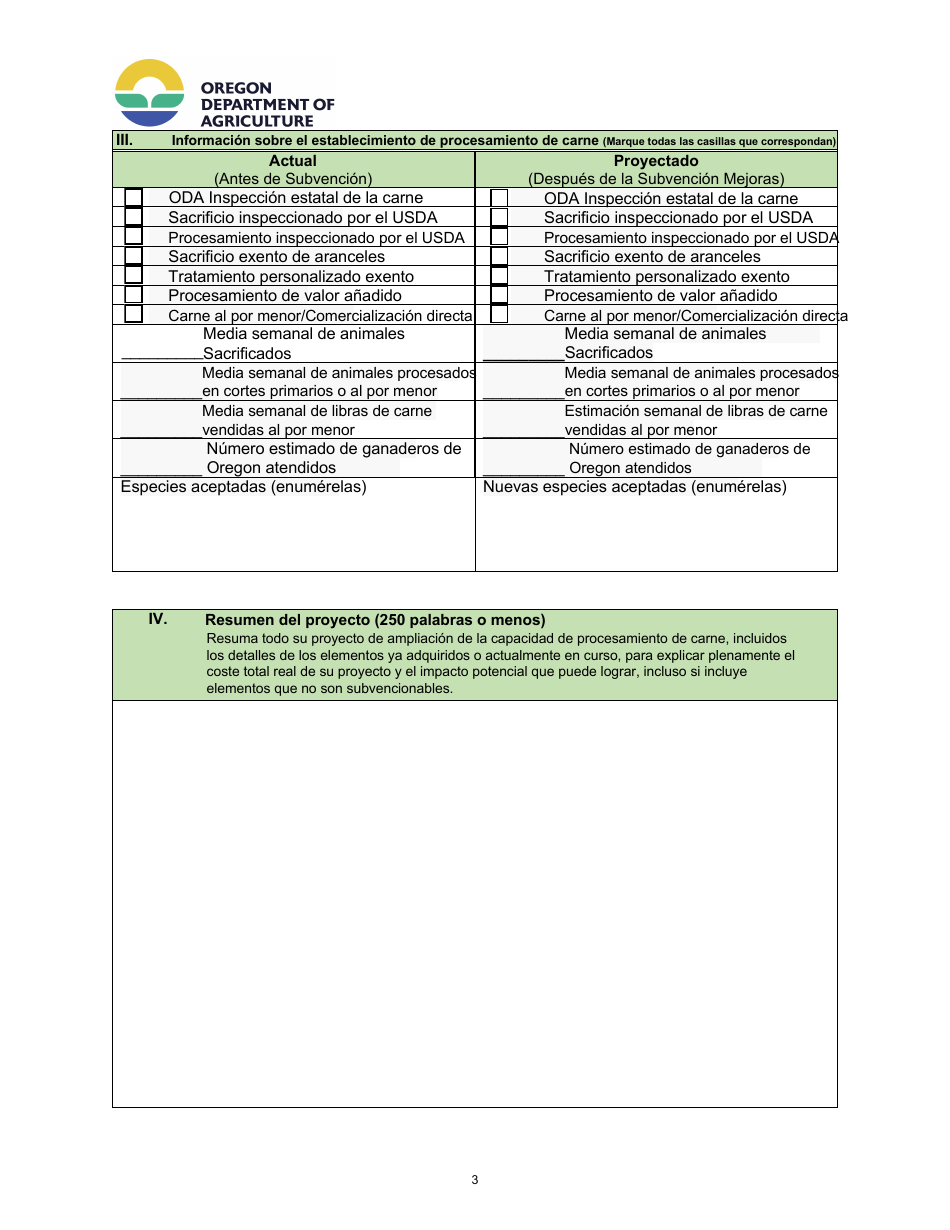 Formulario De Solicitud - Programa De Subvenciones Para El Desarrollo De Infraestructuras Y Capacidades De Procesadode Carne De Oregon - Oregon (Spanish), Page 3