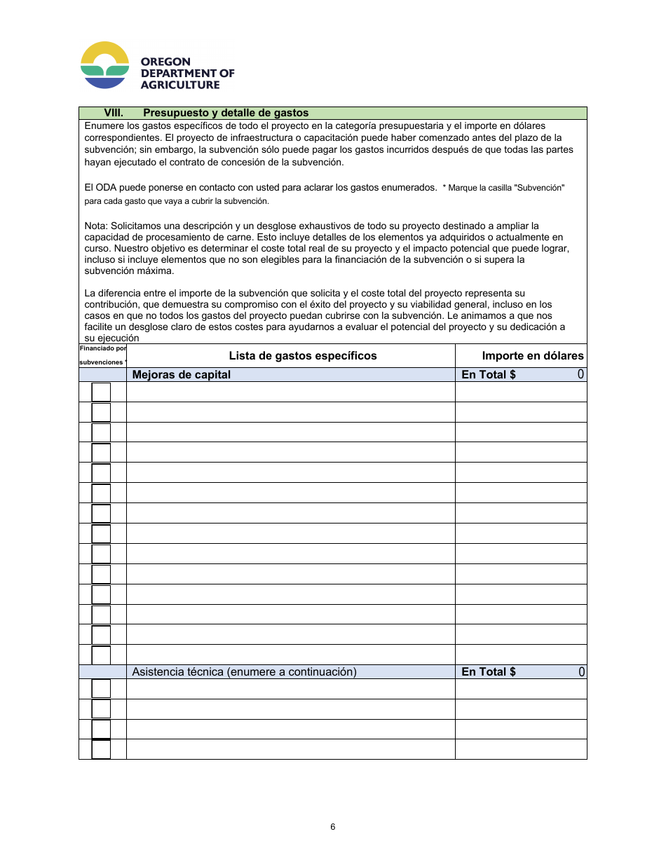 Formulario De Solicitud - Programa De Subvenciones Para El Desarrollo De Infraestructuras Y Capacidades De Procesadode Carne De Oregon - Oregon (Spanish), Page 6