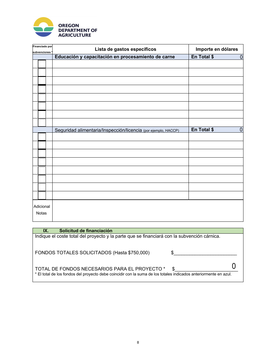 Formulario De Solicitud - Programa De Subvenciones Para El Desarrollo De Infraestructuras Y Capacidades De Procesadode Carne De Oregon - Oregon (Spanish), Page 8