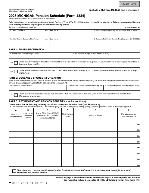 Form 4884 Attachment 23 Michigan Pension Schedule - Michigan, 2023