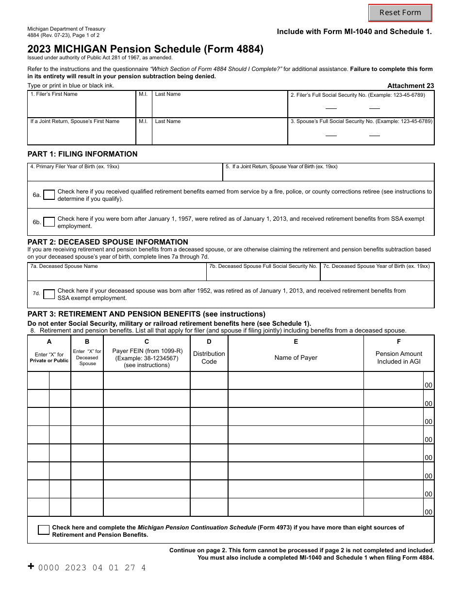 Form 4884 Attachment 23 Michigan Pension Schedule - Michigan, Page 1