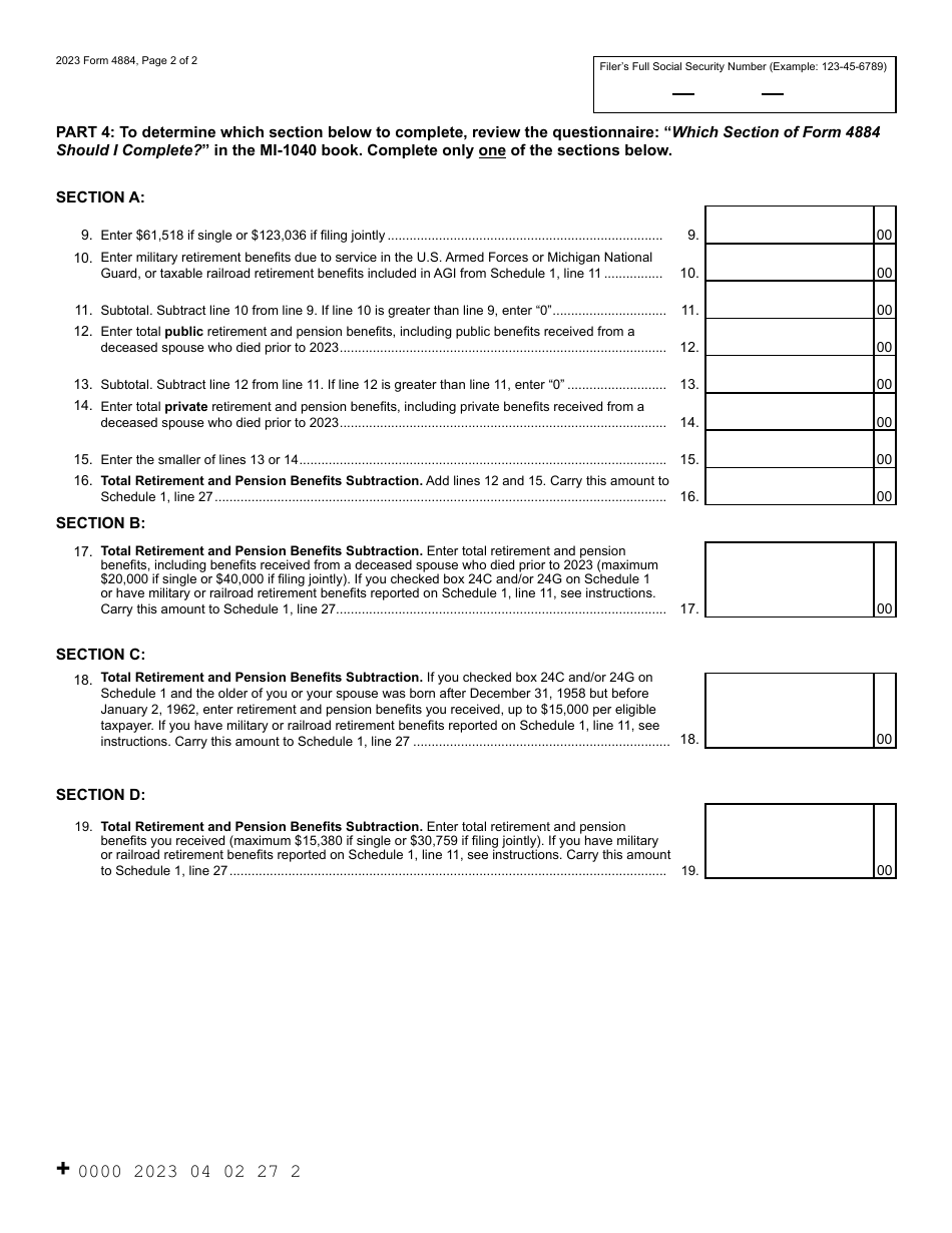Form 4884 Attachment 23 Michigan Pension Schedule - Michigan, Page 2