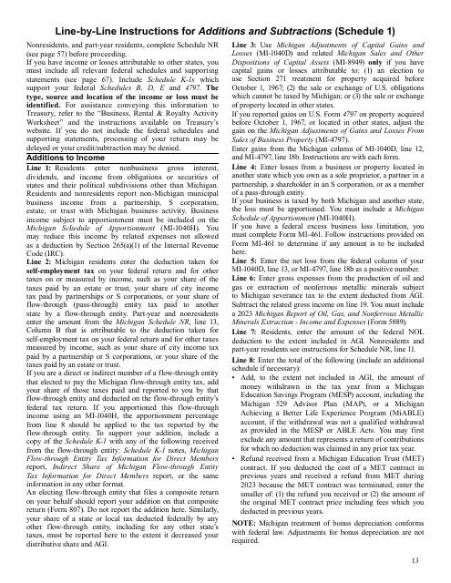 Instructions for Form 3423 Schedule 1 Additions and Subtractions - Michigan, 2023