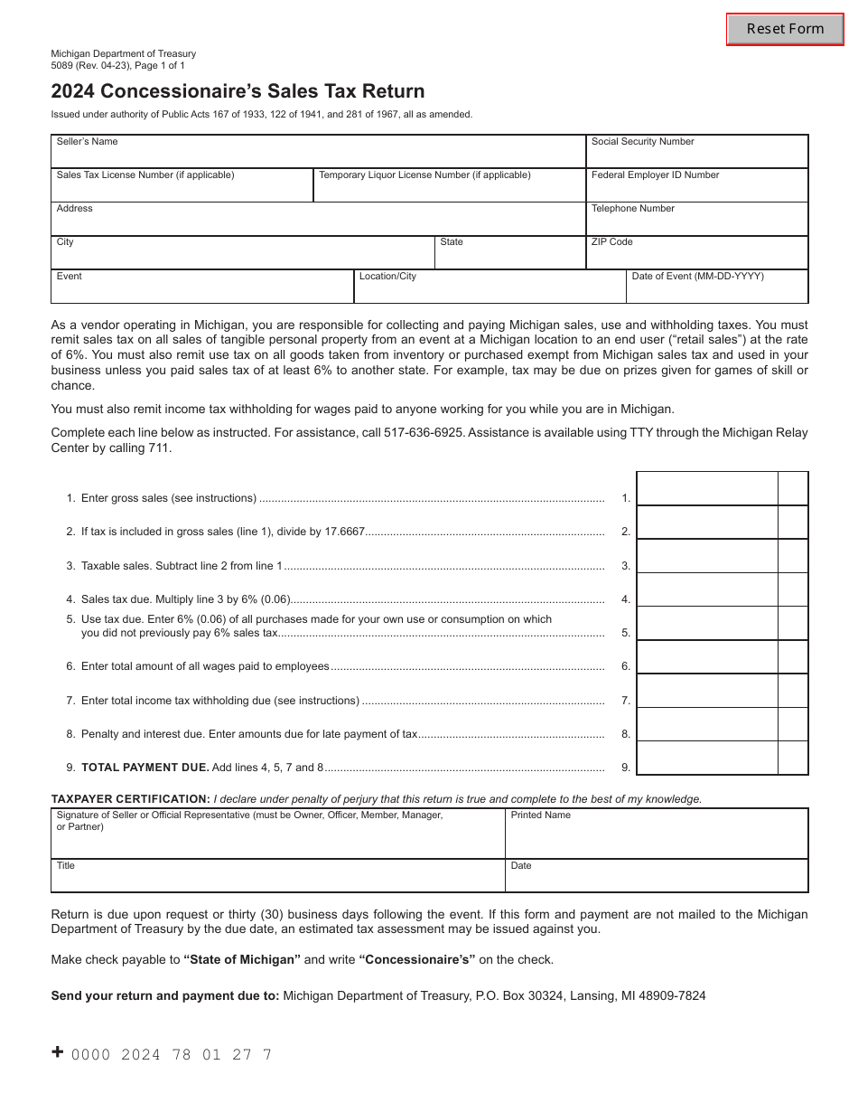 Form 5089 Concessionaires Sales Tax Return - Michigan, Page 1
