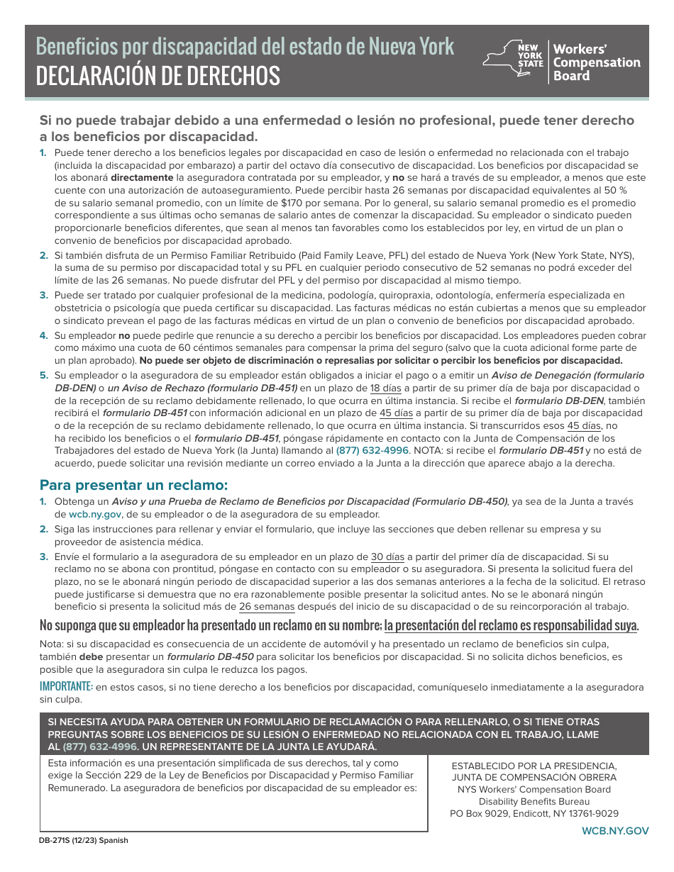 Formulario DB-271S Declaracion De Derechos - New York (Spanish), Page 1