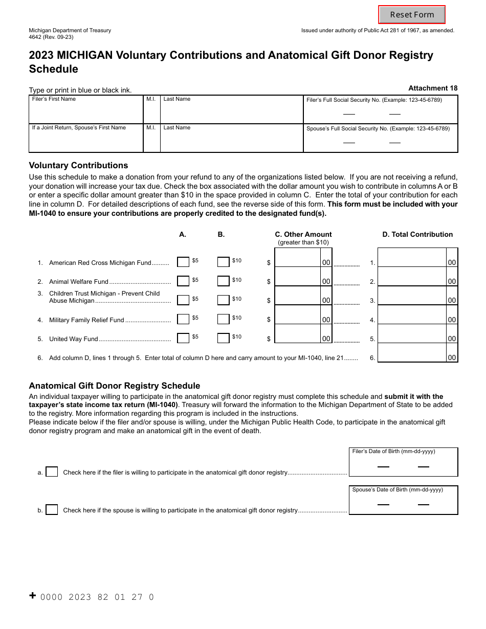 Form 4642 Michigan Voluntary Contributions and Anatomical Gift Donor Registry Schedule - Michigan, Page 1