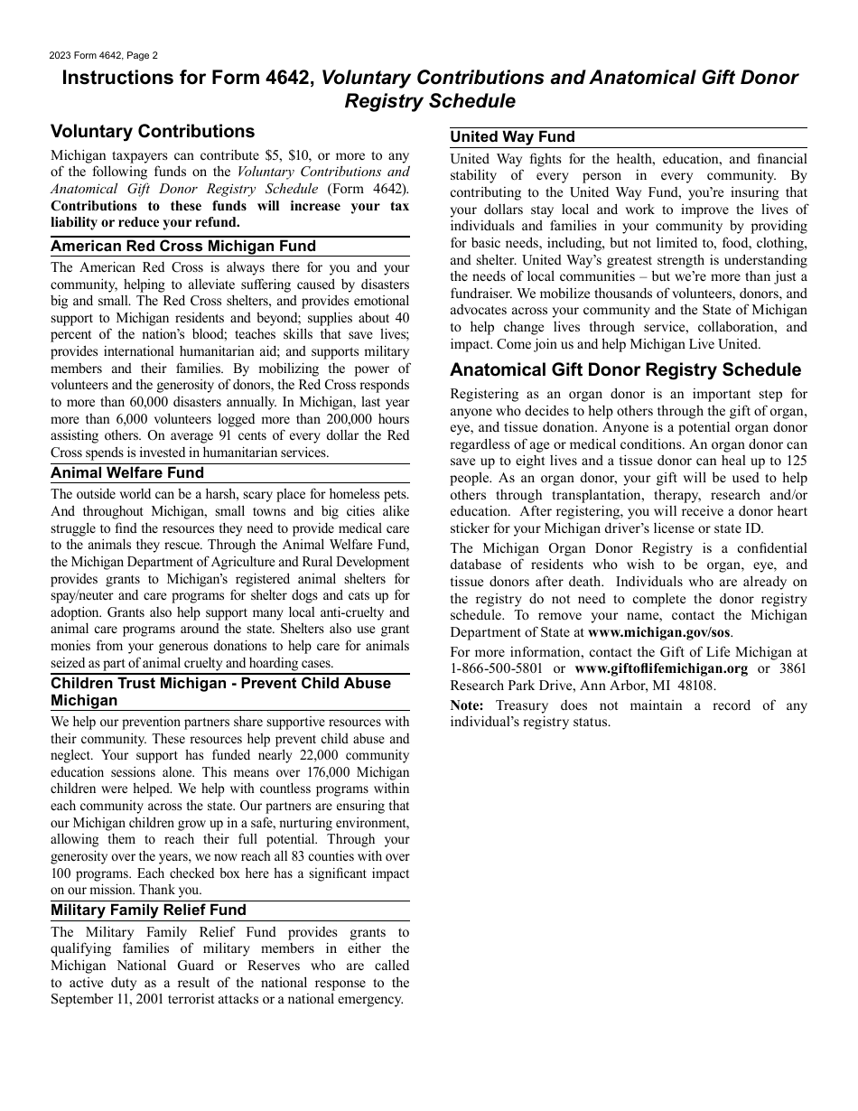 Form 4642 Michigan Voluntary Contributions and Anatomical Gift Donor Registry Schedule - Michigan, Page 2
