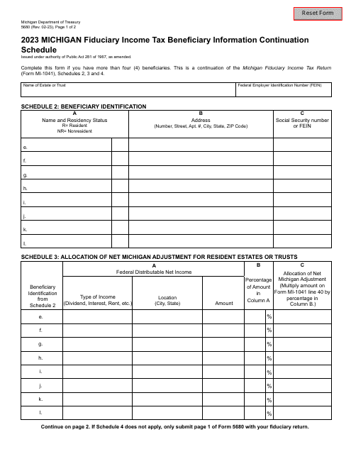 Form 5680 Michigan Fiduciary Income Tax Beneficiary Information Continuation Schedule - Michigan, 2023