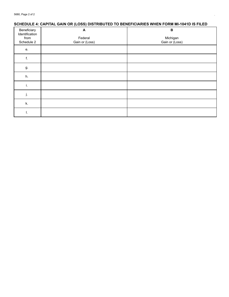 Form 5680 Michigan Fiduciary Income Tax Beneficiary Information Continuation Schedule - Michigan, Page 2