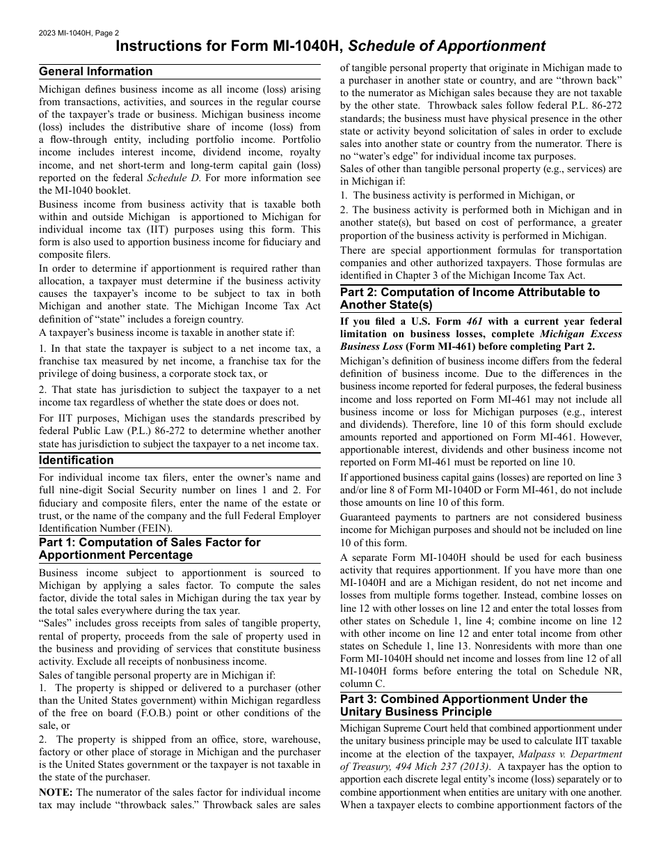 Form MI-1040H Michigan Schedule of Apportionment - Michigan, Page 2