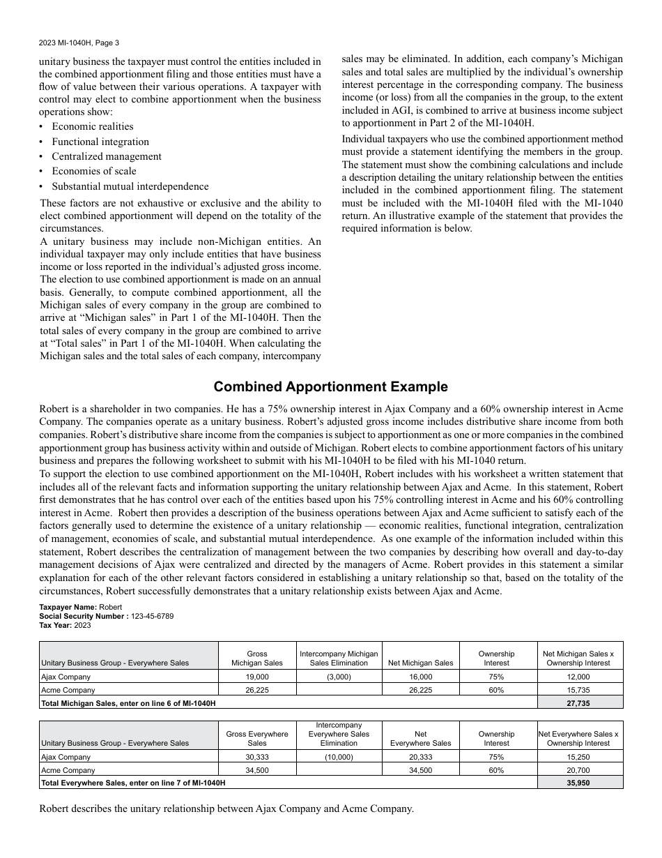 Form MI-1040H Michigan Schedule of Apportionment - Michigan, Page 3