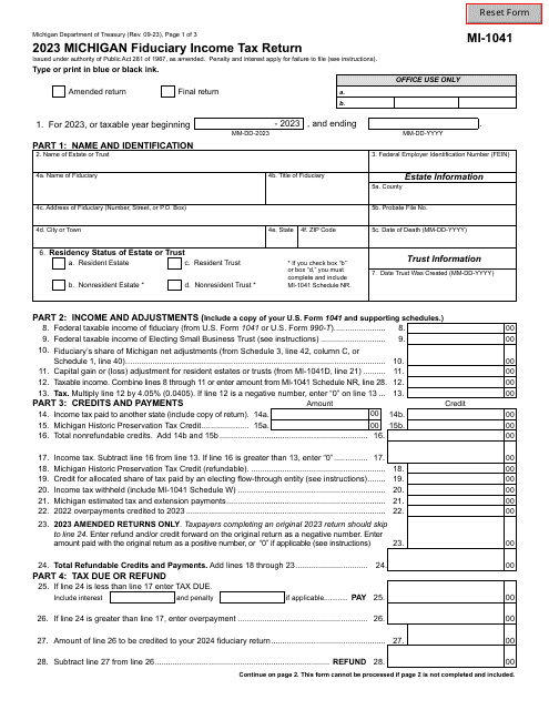 Form MI-1041 Michigan Fiduciary Income Tax Return - Michigan, 2023
