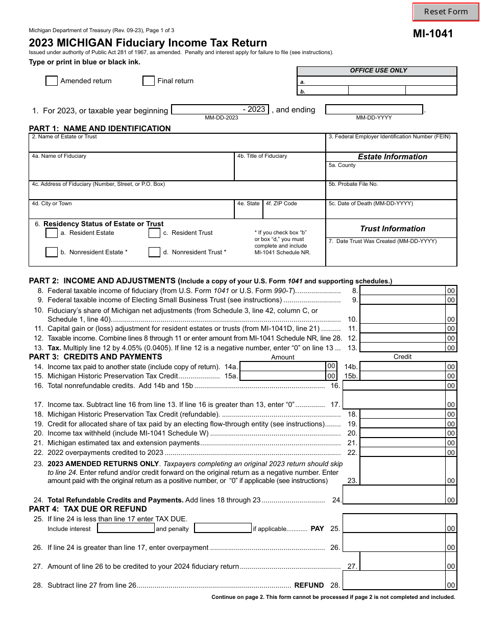 Form MI-1041 Michigan Fiduciary Income Tax Return - Michigan, Page 1