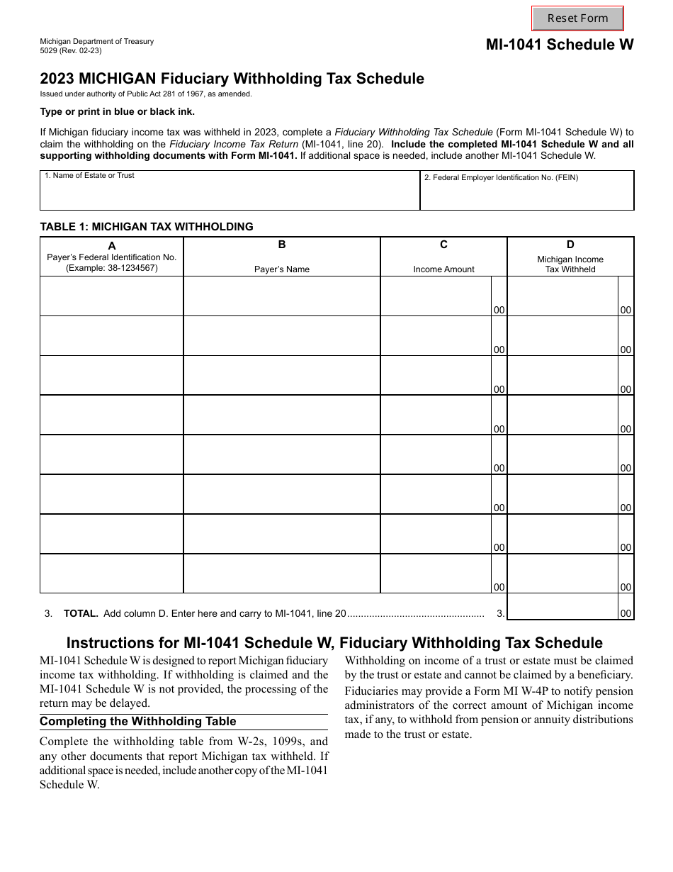 Form MI-1041 (5029) Schedule W Michigan Fiduciary Withholding Tax Schedule - Michigan, Page 1