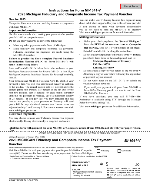 Form MI-1041-V Michigan Fiduciary and Composite Income Tax Payment Voucher - Michigan, 2023