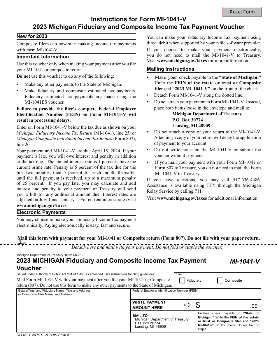 Form MI-1041-V Michigan Fiduciary and Composite Income Tax Payment Voucher - Michigan, Page 1