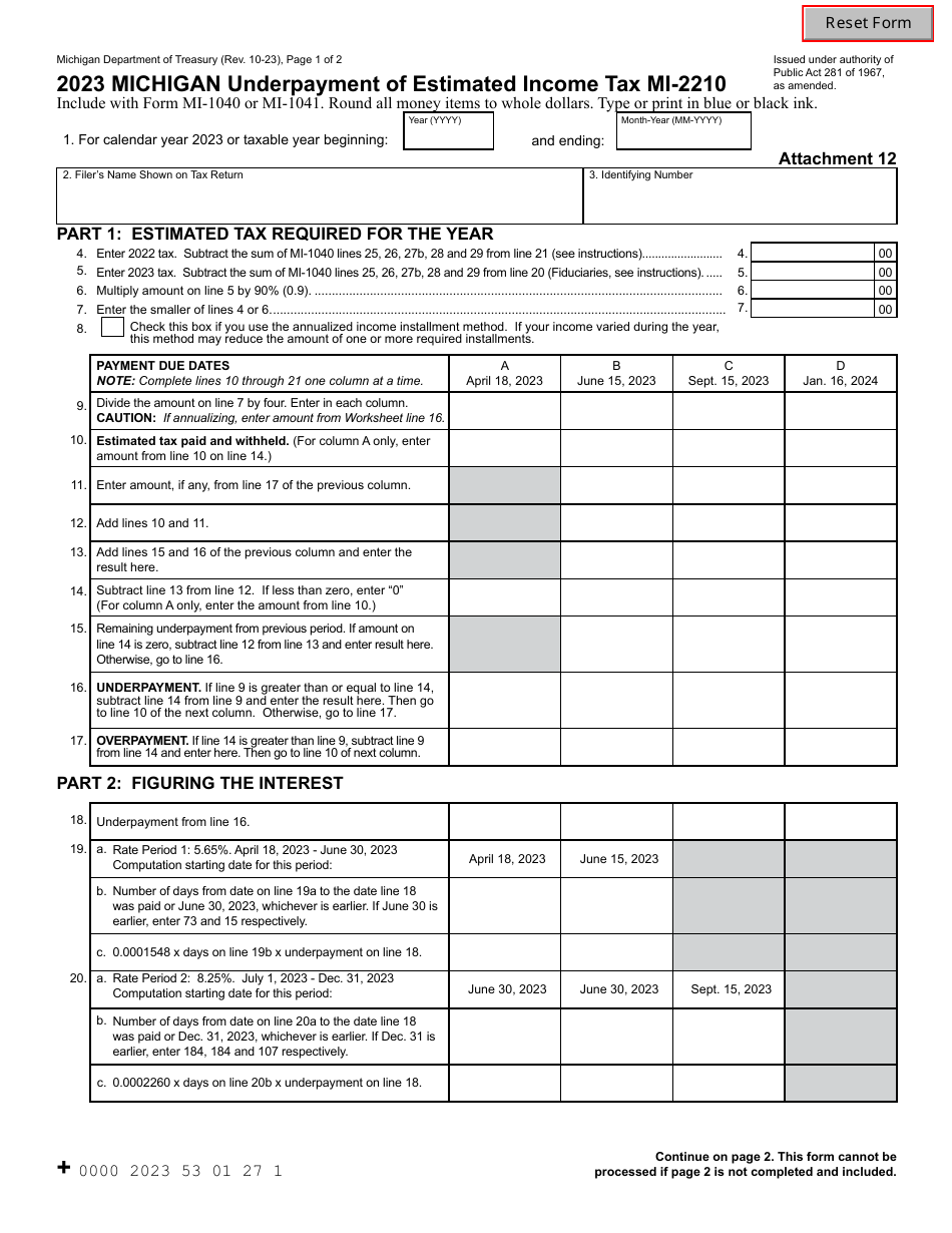 Form MI-2210 Michigan Underpayment of Estimated Income Tax - Michigan, Page 1